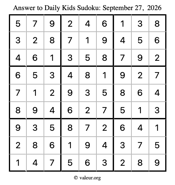 Answer to kids sudoku September 27, 2026