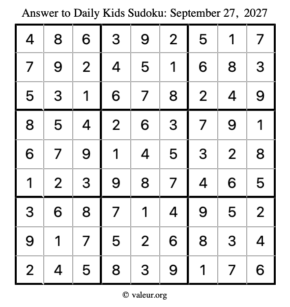 Answer to kids sudoku September 27, 2027