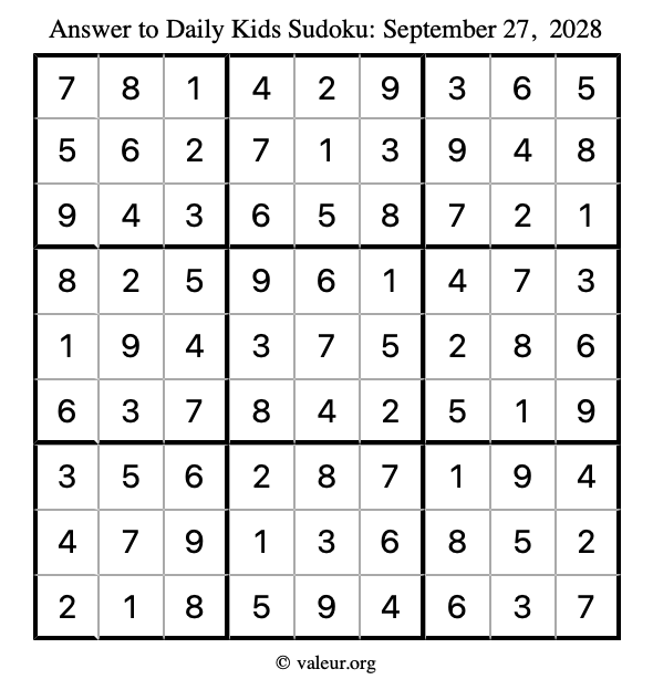 Answer to kids sudoku September 27, 2028