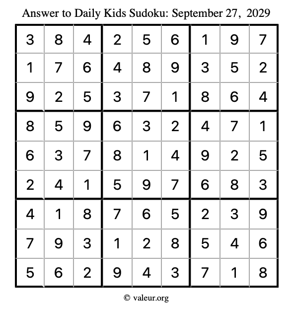 Answer to kids sudoku September 27, 2029