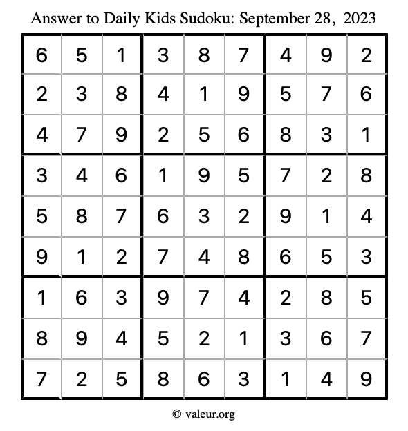 Answer to kids sudoku September 28, 2023