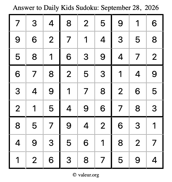 Answer to kids sudoku September 28, 2026