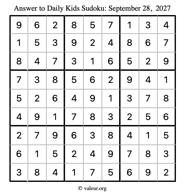 Answer to kids sudoku September 28, 2027
