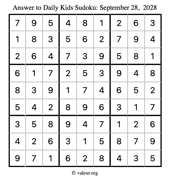 Answer to kids sudoku September 28, 2028