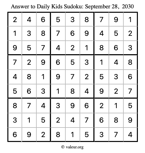 Answer to kids sudoku September 28, 2030