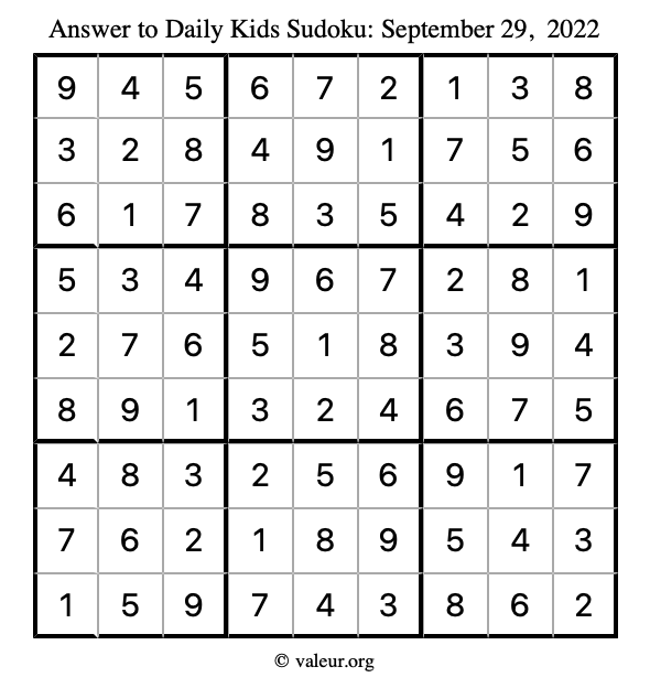 Answer to kids sudoku September 29, 2022
