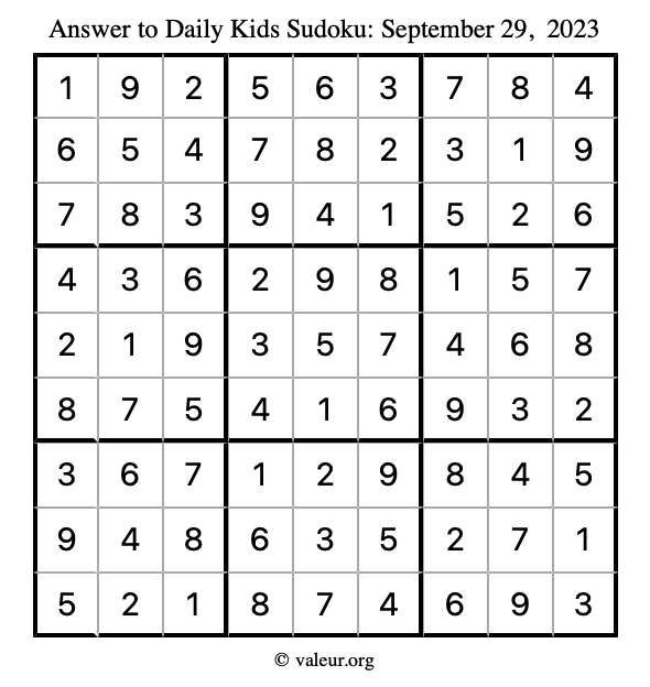Answer to kids sudoku September 29, 2023
