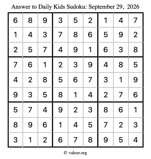 Answer to kids sudoku September 29, 2026