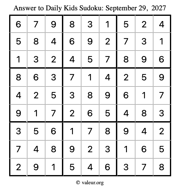 Answer to kids sudoku September 29, 2027