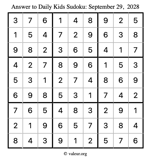 Answer to kids sudoku September 29, 2028