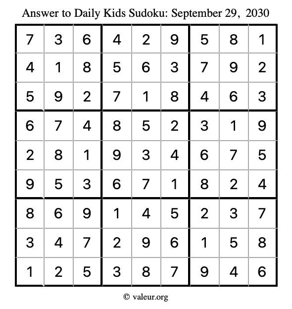 Answer to kids sudoku September 29, 2030