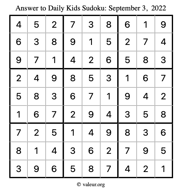 Answer to kids sudoku September 3, 2022