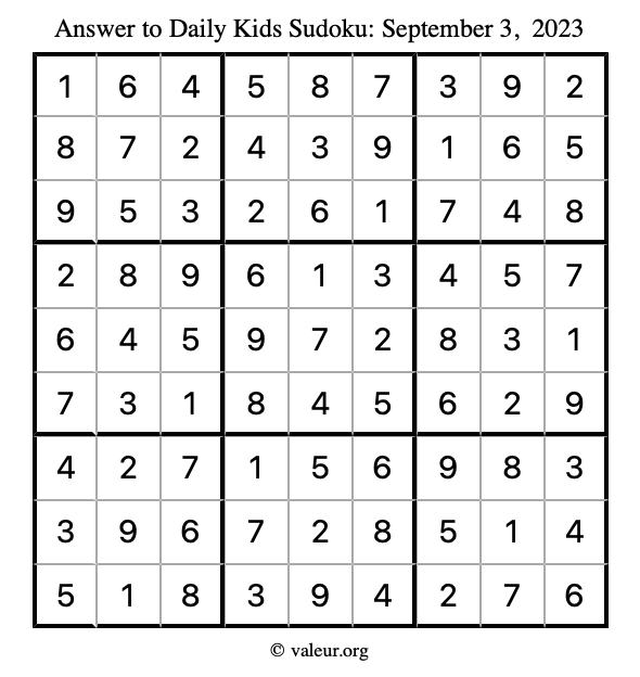 Answer to kids sudoku September 3, 2023