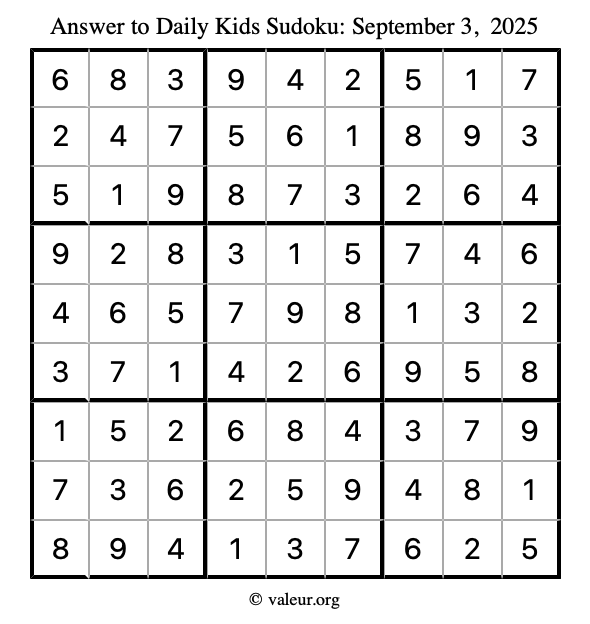 Answer to kids sudoku September 3, 2025