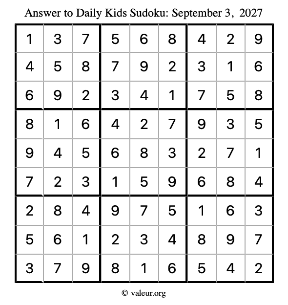 Answer to kids sudoku September 3, 2027