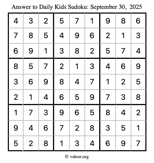 Answer to kids sudoku September 30, 2025