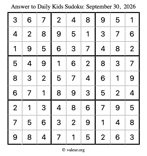 Answer to kids sudoku September 30, 2026