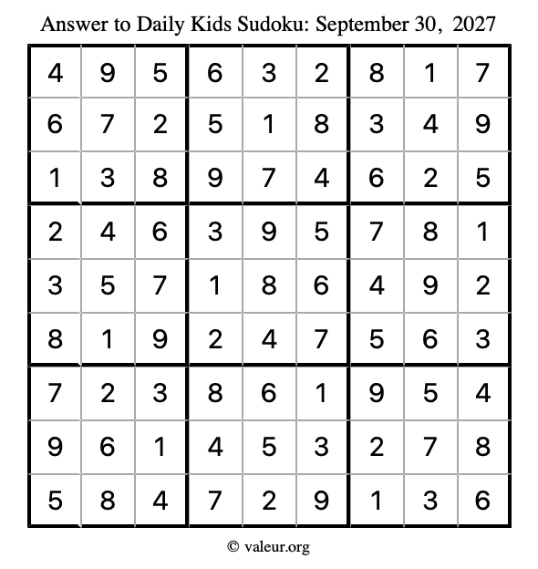 Answer to kids sudoku September 30, 2027