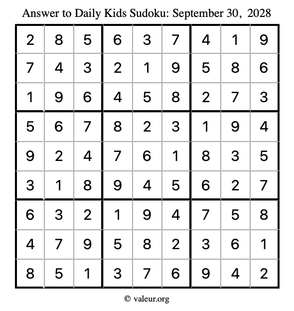 Answer to kids sudoku September 30, 2028