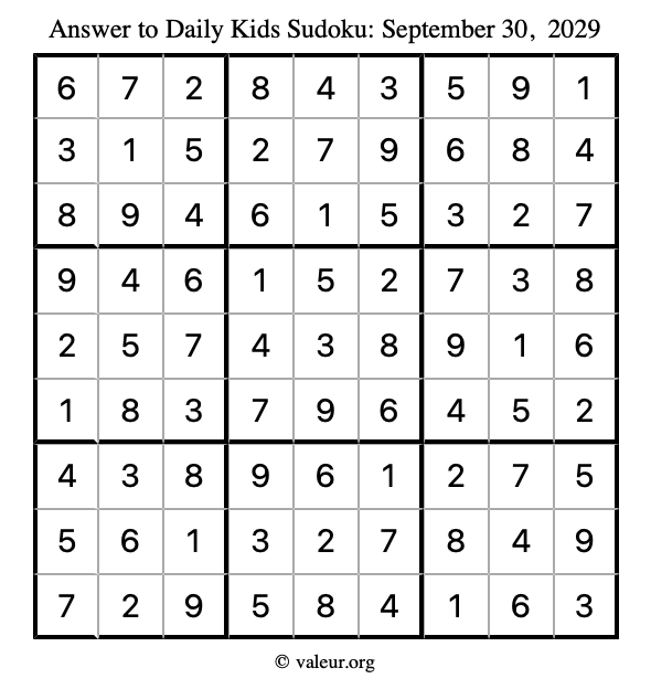 Answer to kids sudoku September 30, 2029