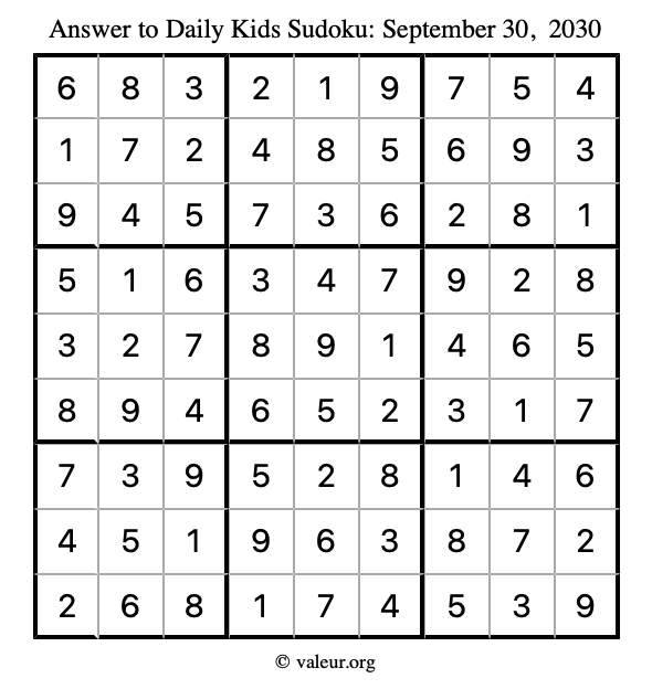 Answer to kids sudoku September 30, 2030