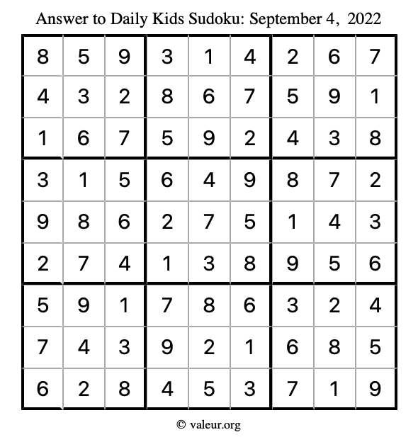 Answer to kids sudoku September 4, 2022