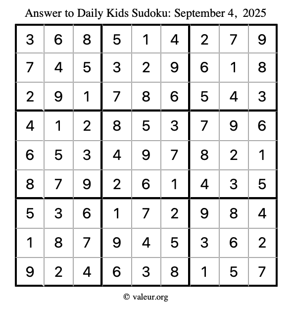 Answer to kids sudoku September 4, 2025