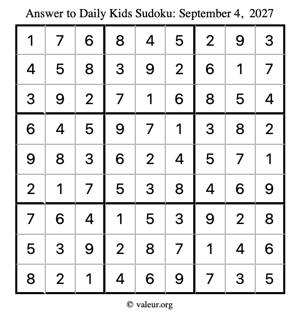 Answer to kids sudoku September 4, 2027