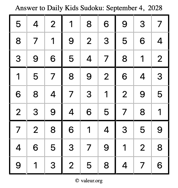 Answer to kids sudoku September 4, 2028