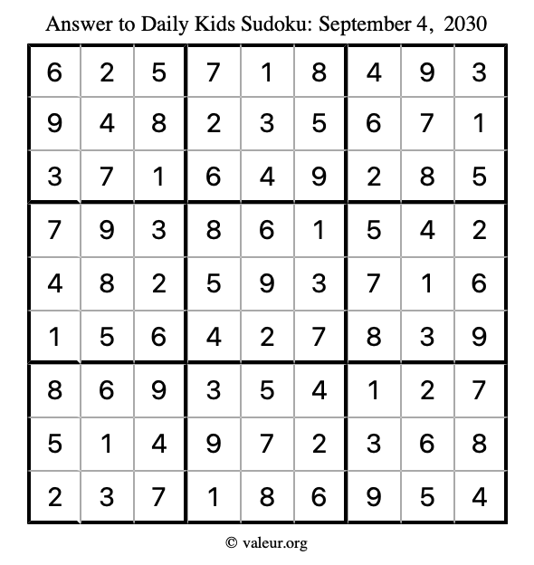 Answer to kids sudoku September 4, 2030