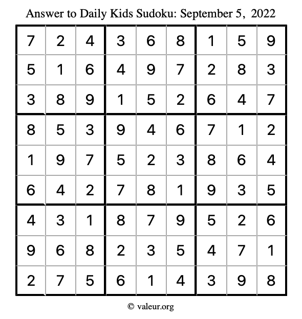 Answer to kids sudoku September 5, 2022