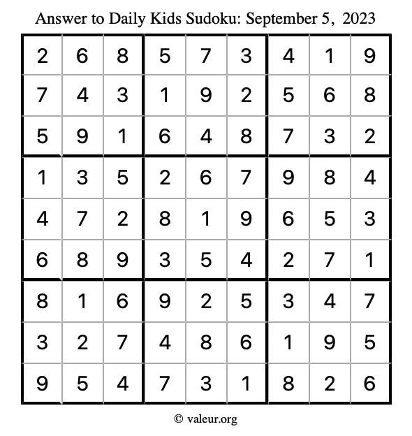 Answer to kids sudoku September 5, 2023