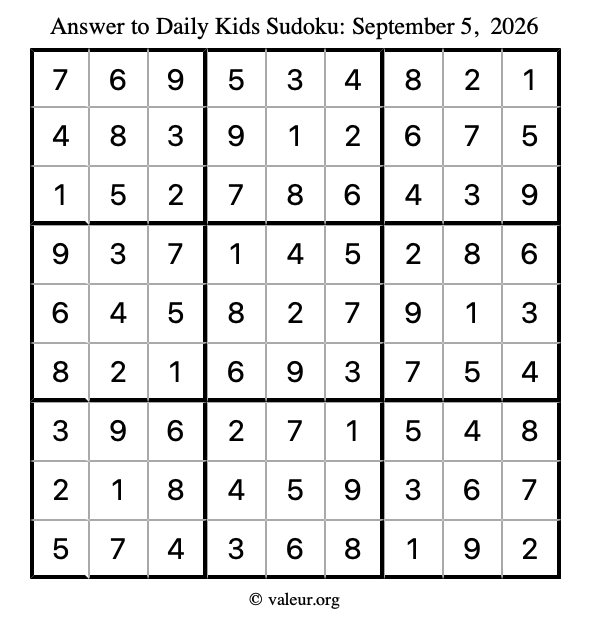 Answer to kids sudoku September 5, 2026