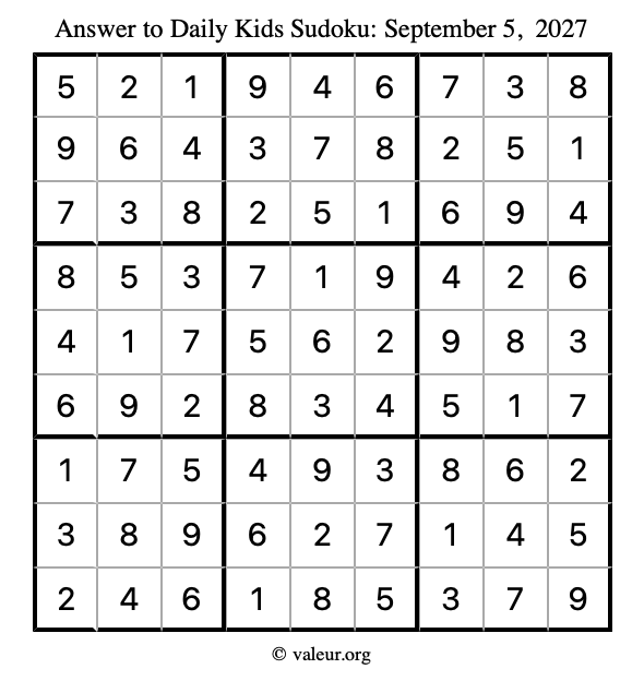 Answer to kids sudoku September 5, 2027