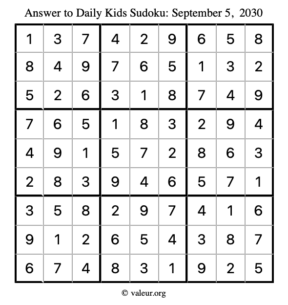 Answer to kids sudoku September 5, 2030