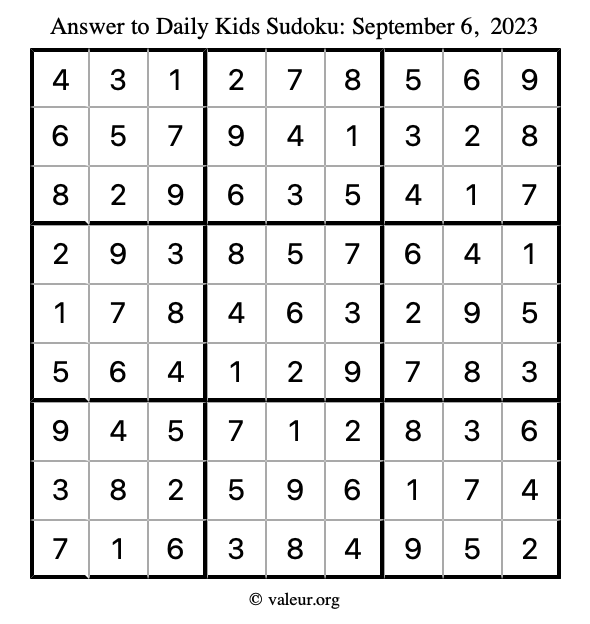 Answer to kids sudoku September 6, 2023