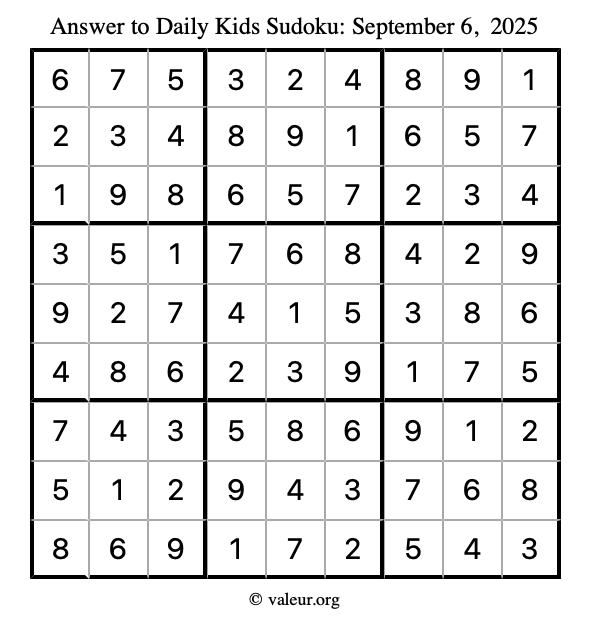 Answer to kids sudoku September 6, 2025