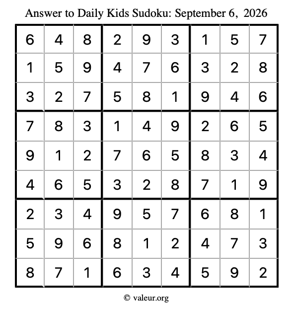 Answer to kids sudoku September 6, 2026
