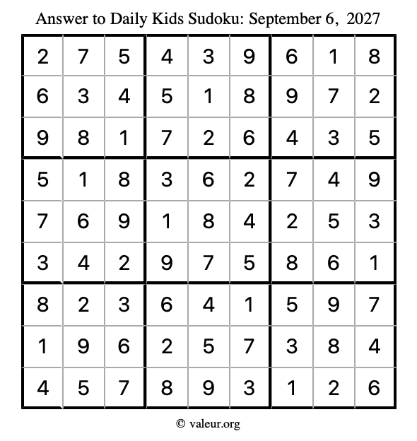 Answer to kids sudoku September 6, 2027