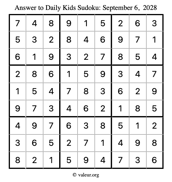 Answer to kids sudoku September 6, 2028