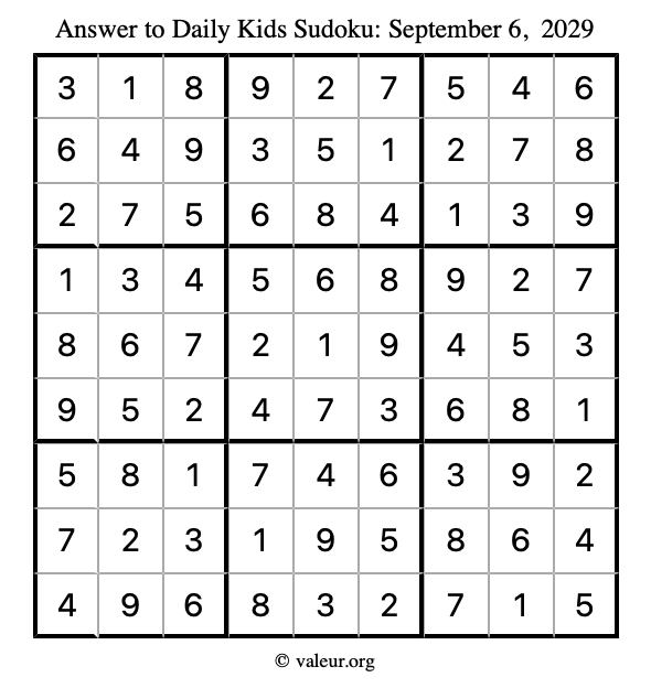Answer to kids sudoku September 6, 2029
