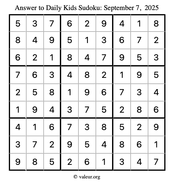 Answer to kids sudoku September 7, 2025