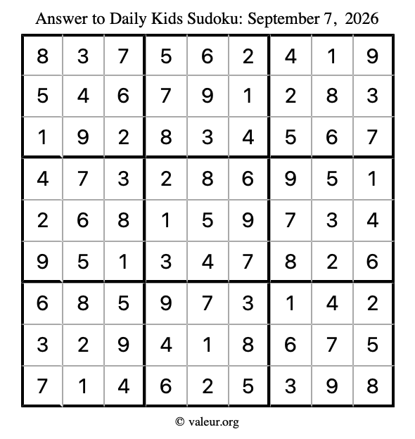 Answer to kids sudoku September 7, 2026