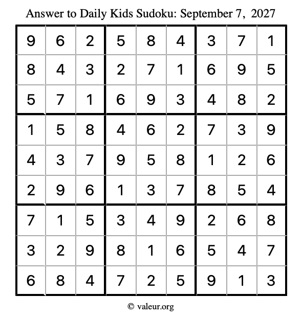 Answer to kids sudoku September 7, 2027