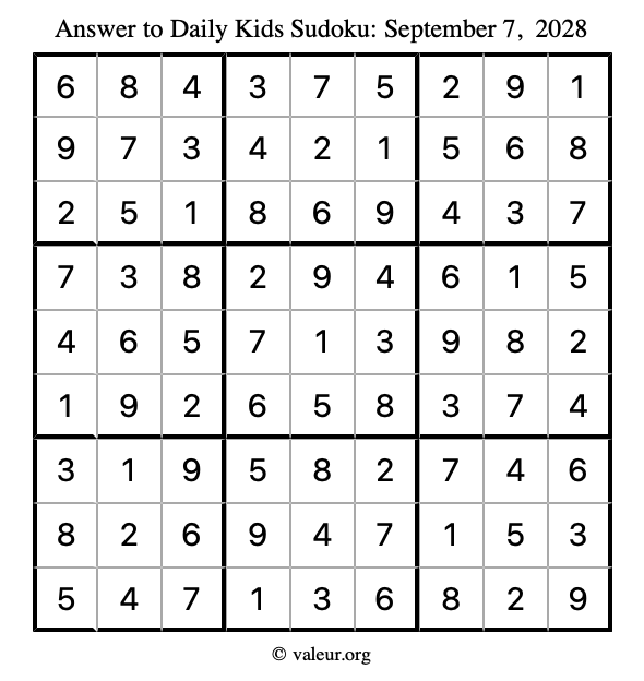 Answer to kids sudoku September 7, 2028