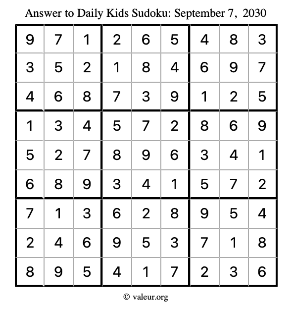 Answer to kids sudoku September 7, 2030