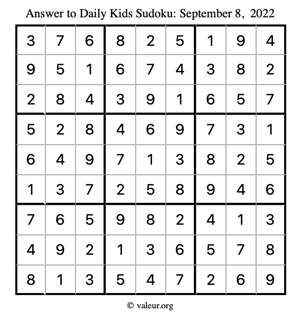 Answer to kids sudoku September 8, 2022