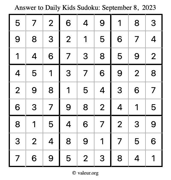 Answer to kids sudoku September 8, 2023