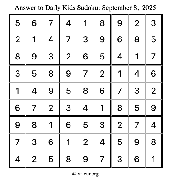 Answer to kids sudoku September 8, 2025