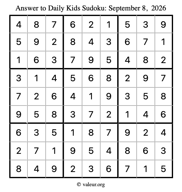 Answer to kids sudoku September 8, 2026
